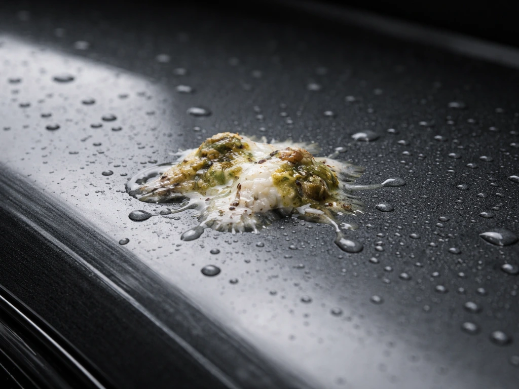 Close-up of fresh bird droppings on glossy ceramic-coated car paint with slight water beading around them.