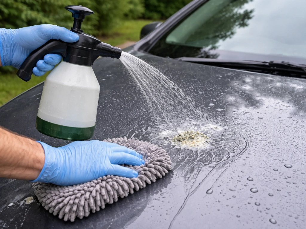 Gloved hands soaking and gently removing fresh bird droppings from a ceramic-coated car hood.