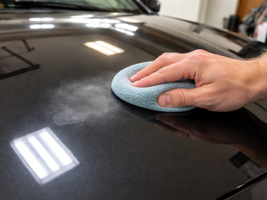 Hand gently buffing a small dull etched patch on ceramic-coated car paint to restore gloss.