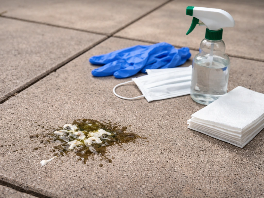 Bird droppings on patio tile with gloves, mask, and paper towels laid out for safe cleanup.