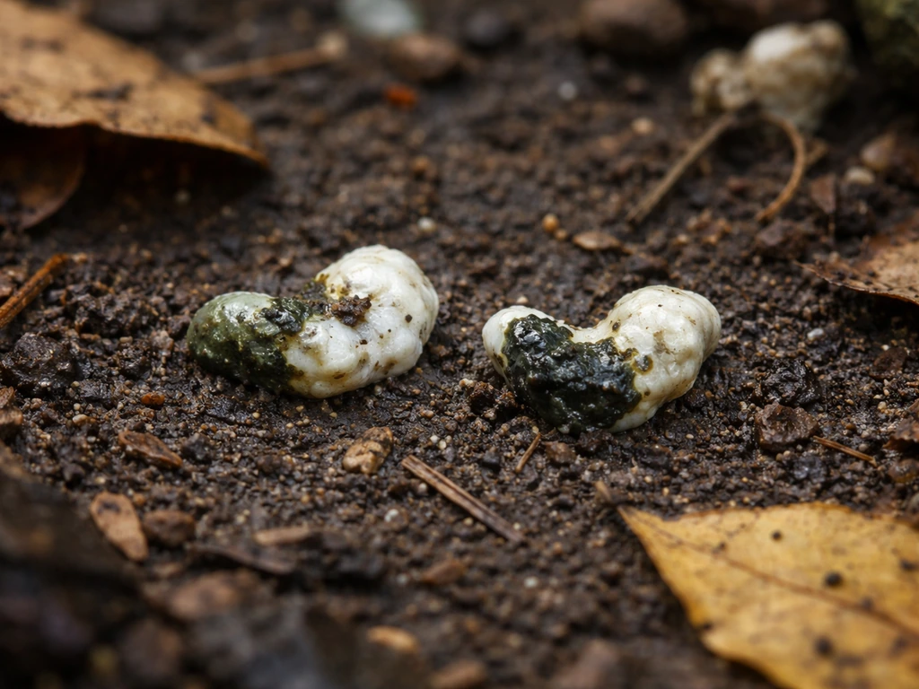 Close-up of bird droppings on outdoor soil and leaf litter with natural textures and shallow depth of field.