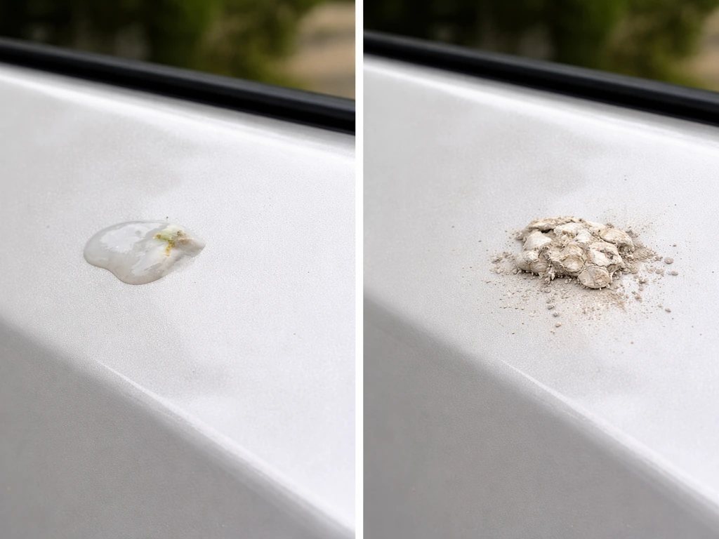 Outdoor scene split by natural lighting: fresh undisturbed bird droplet vs dried dusty droppings on a surface.