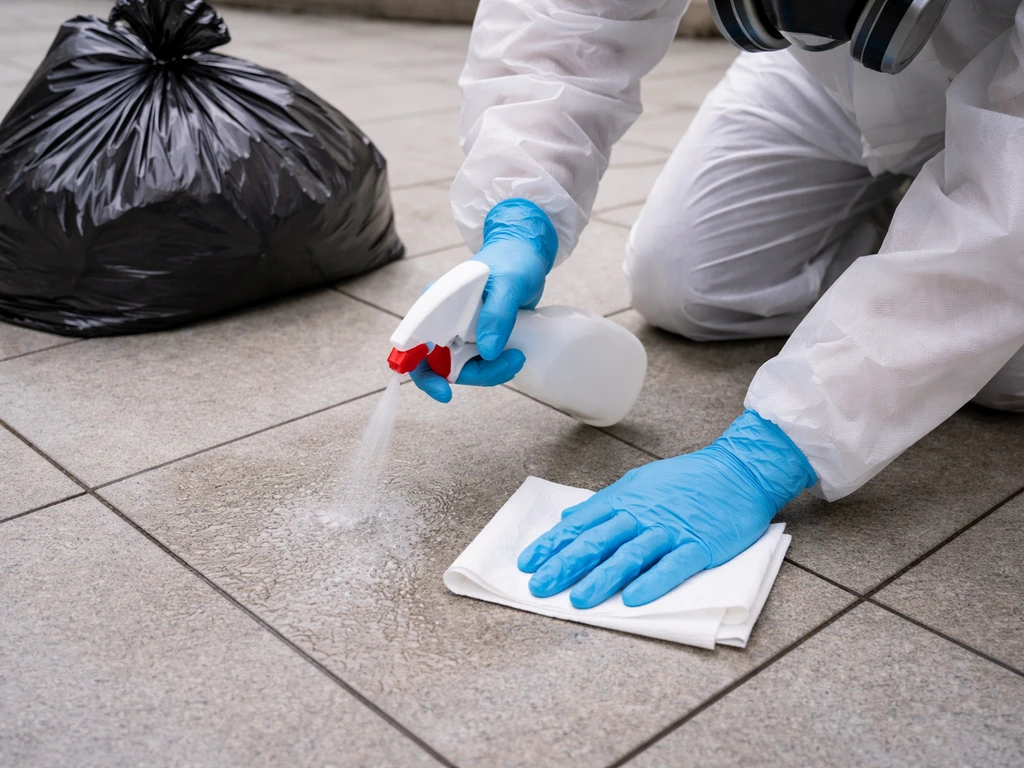 Anonymous PPE-clad hands wipe a wet patio tile while containing waste in a sealed bag.