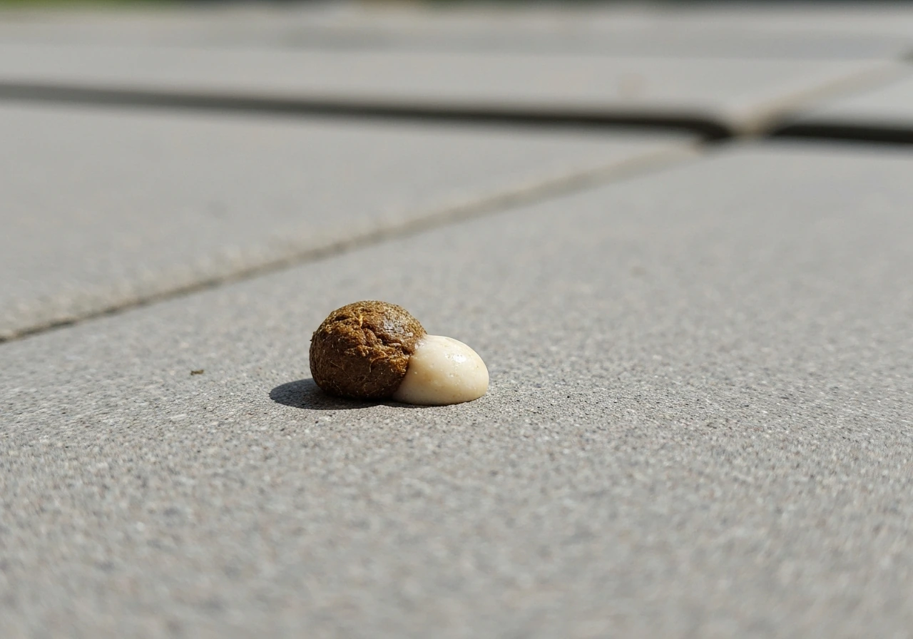 Brown bird droppings with a visible white/cream urate component on a light gray surface.