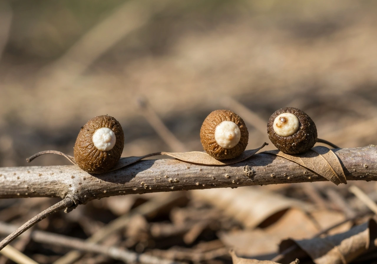 Close-up of three small bird droppings on a natural twig showing brown and white/cream color differences