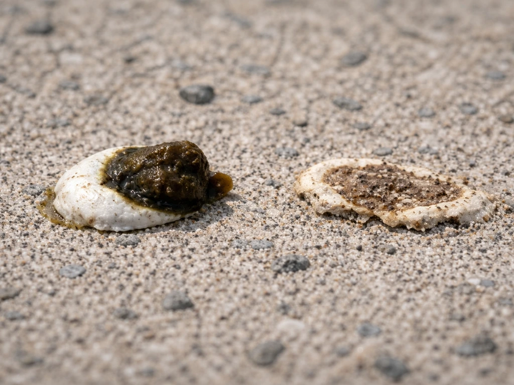 Macro close-up of fresh dark bird dropping with white urate zone next to a faded older one