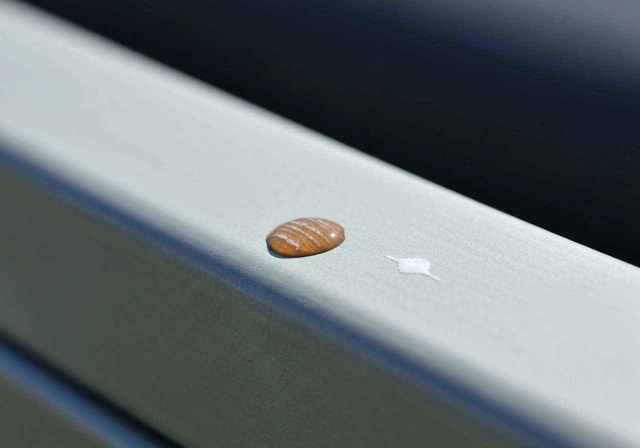 Close-up of a brown stain with faint white chalky traces on a car panel, showing droplet texture.
