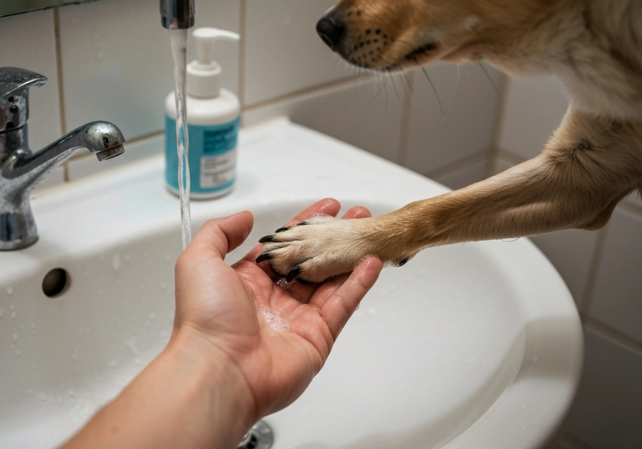 A dog paw is rinsed under water with pet-safe soap after possible bird poop contact.