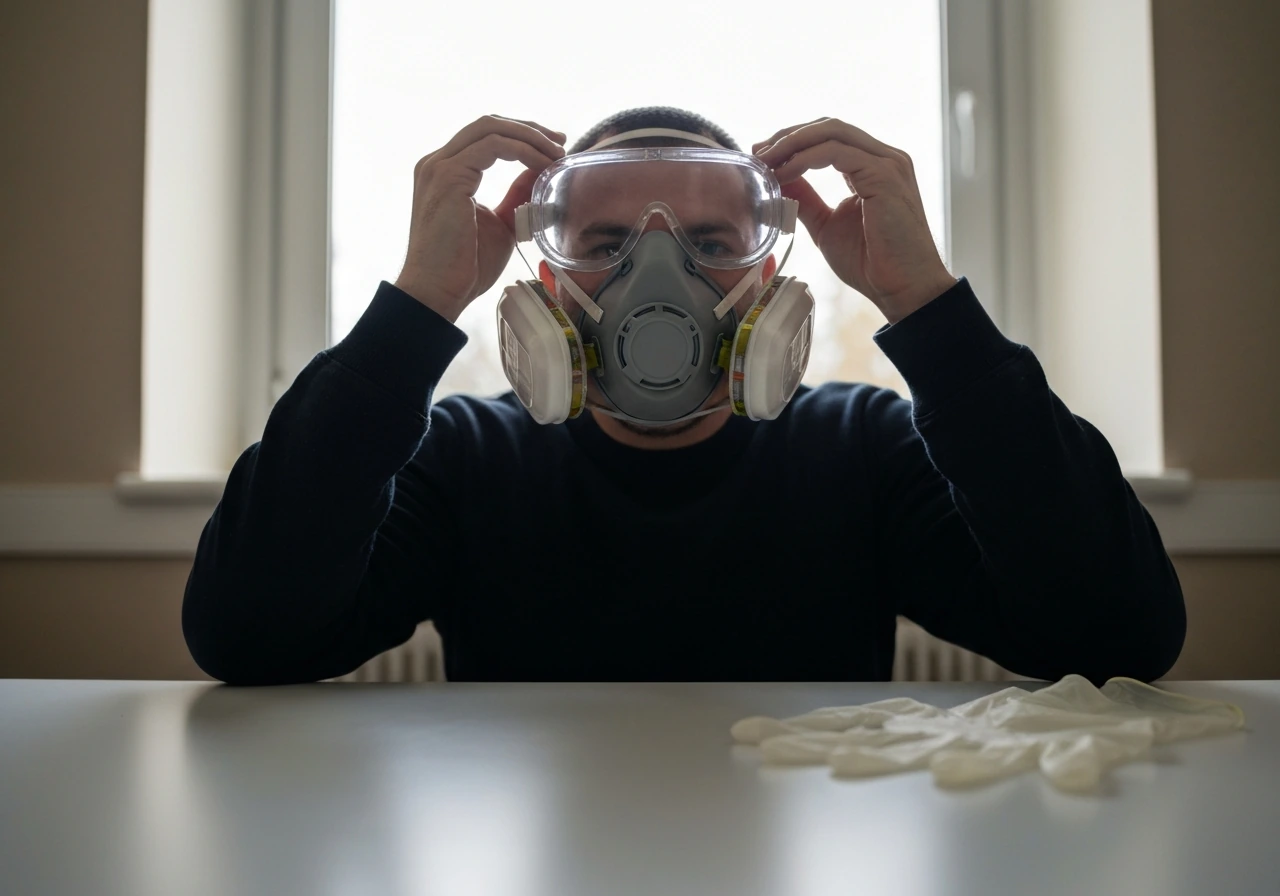Hands putting on an N95 respirator and clear goggles beside disposable gloves on a clean table.