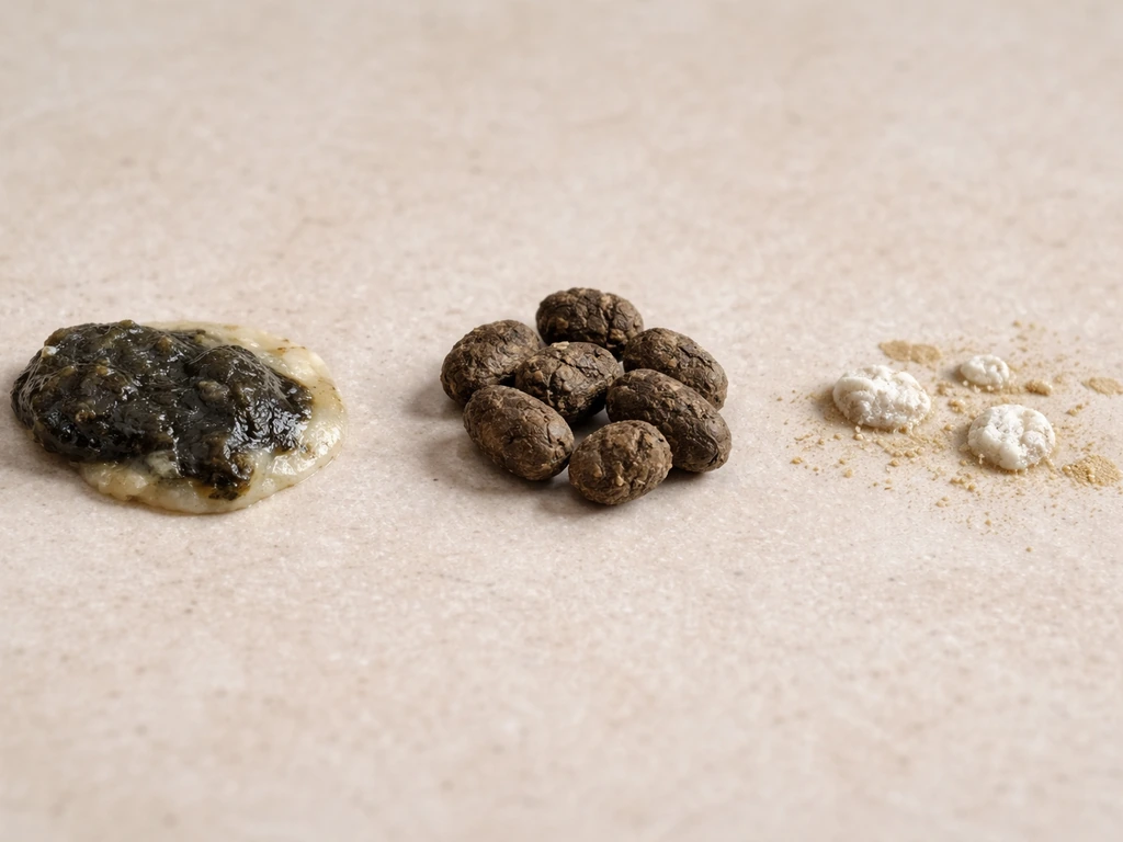 Side-by-side close-up of dark droppings with off-white coating, pellet-like masses, and white uric-acid stains.