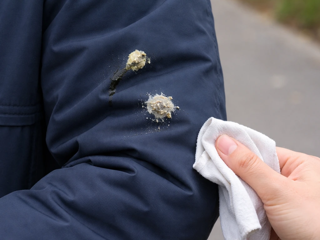 Close-up of a jacket with fresh wet and older crusty bird droppings textures, with a damp cloth nearby.