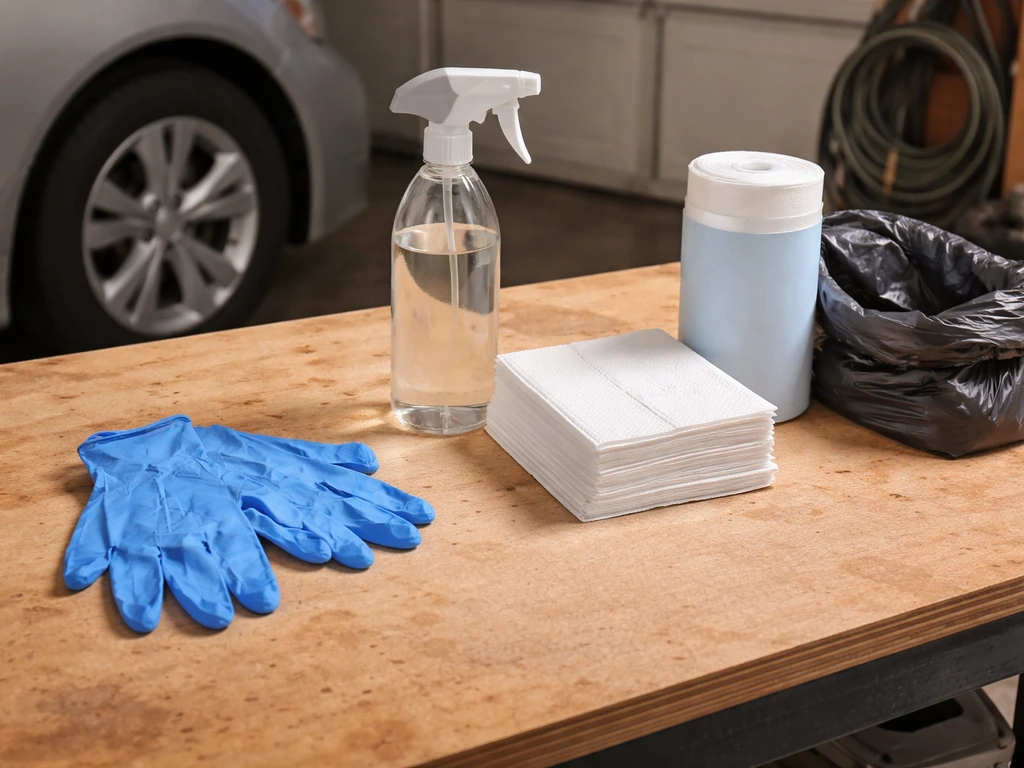 Gloves, spray bottle, wipes, paper towels, and trash bag arranged on a clean workbench near a car fender.