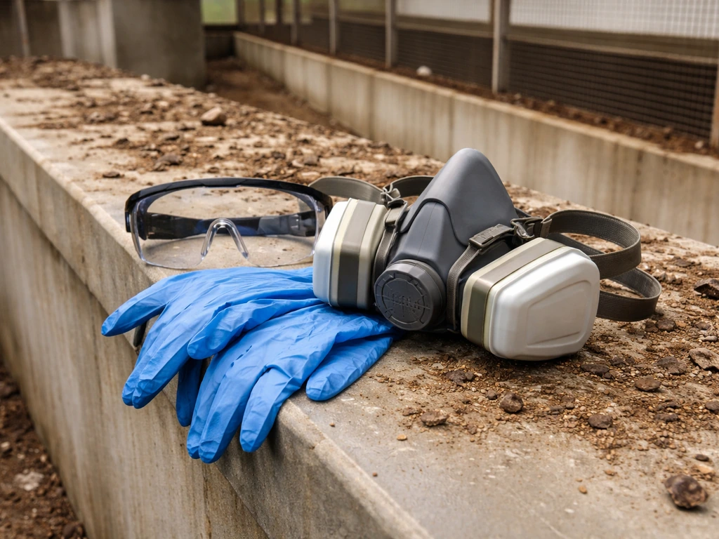 Respirator, goggles, and gloves placed near heavy dried bird droppings on a rooftop ledge.