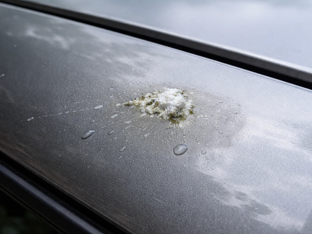 Close-up of bird droppings on a car’s clear coat with visible stained spotting near the paint.