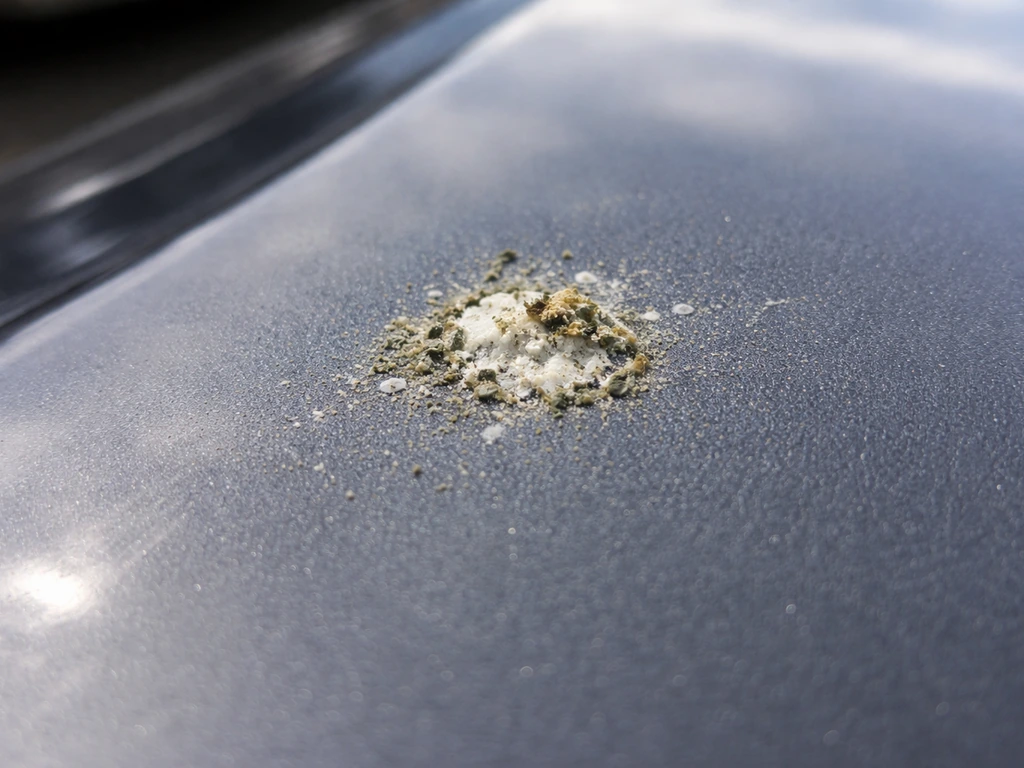 Close-up of dried bird droppings on glossy car paint with visible grit and surface residue.