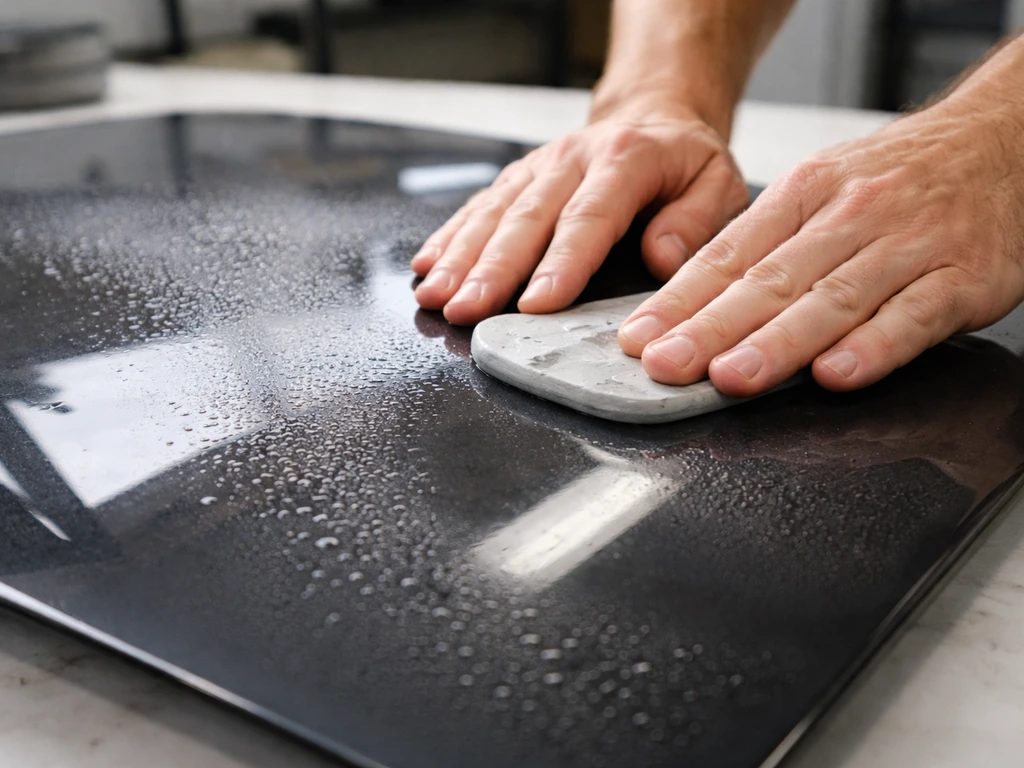 Clay bar gliding over a car paint panel with a hazy residue being mechanically decontaminated