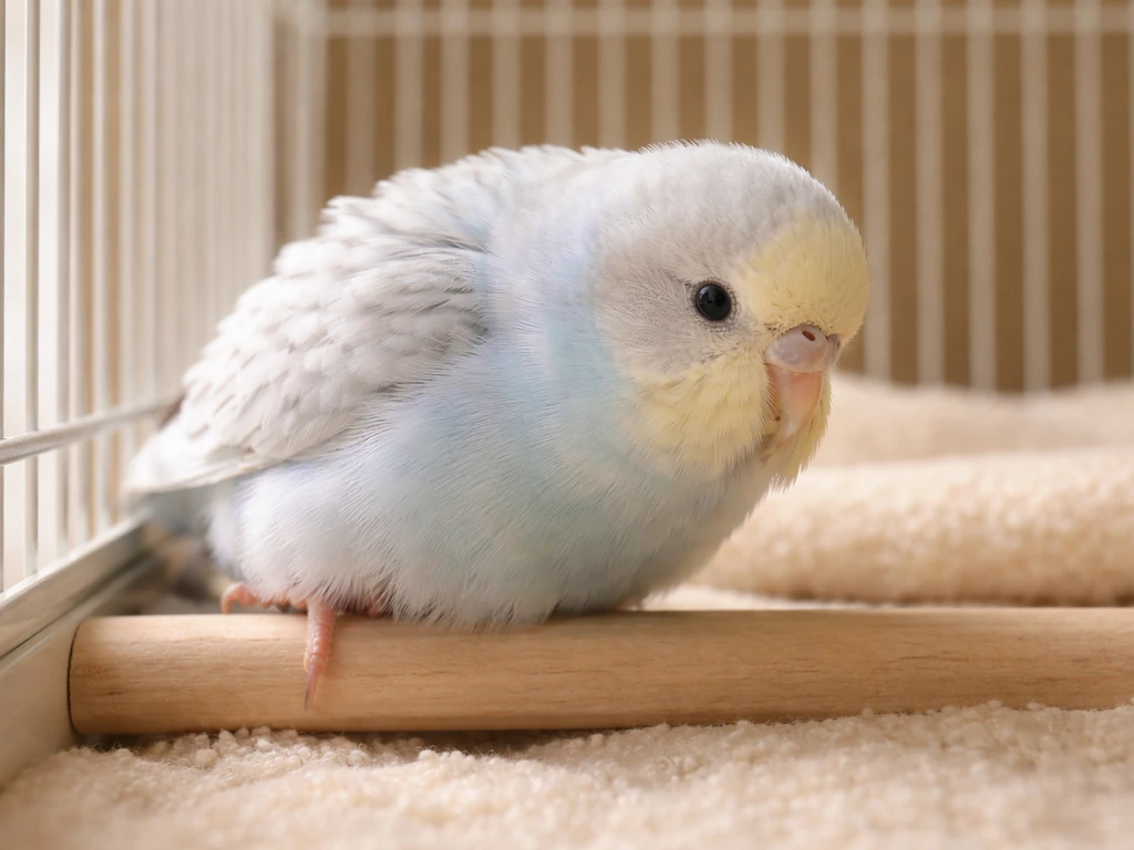 Calm close-up of a small pet bird perched in its cage, slightly puffed near a vent area, concerned posture.