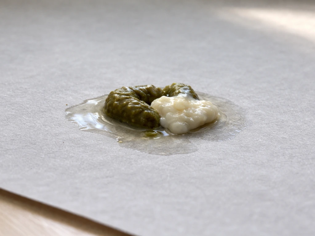 Close-up of bird droppings on clean paper, showing fecal, creamy urates, and clear urine components.