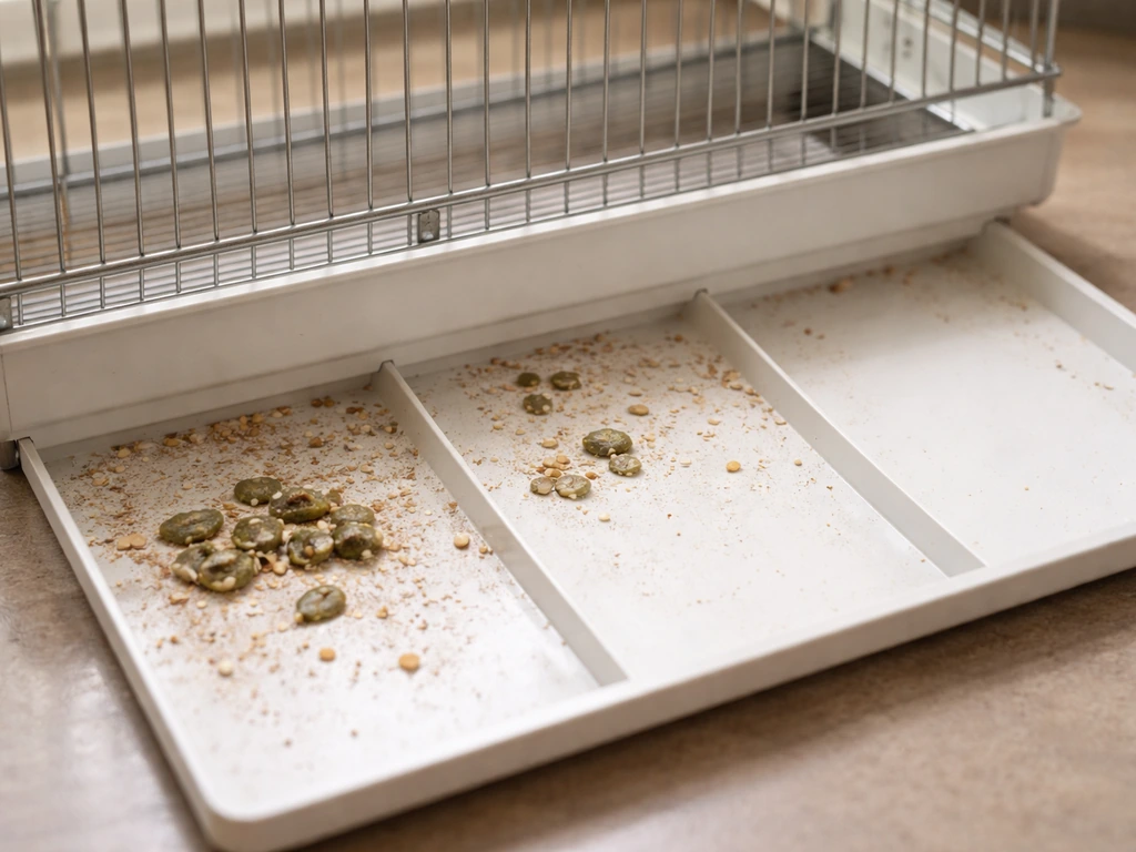 Close-up of a bird cage floor tray showing complete droppings, small incomplete droppings, and an empty area.