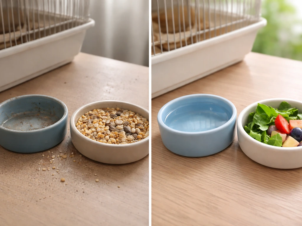 Photo comparison of an empty/dirty bird water bowl with dry food vs a clean filled bowl with fresh water-rich foods.