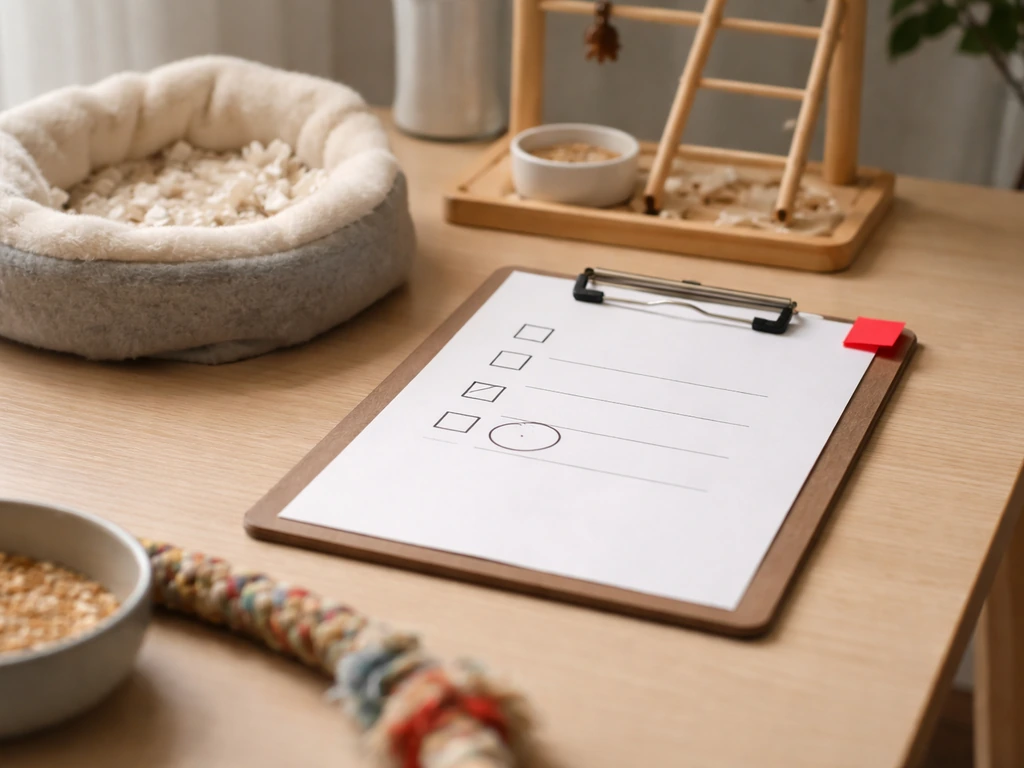 Clipboard with blank checkboxes and red sticky note beside a bird perch setup, signaling urgent vet red flags.