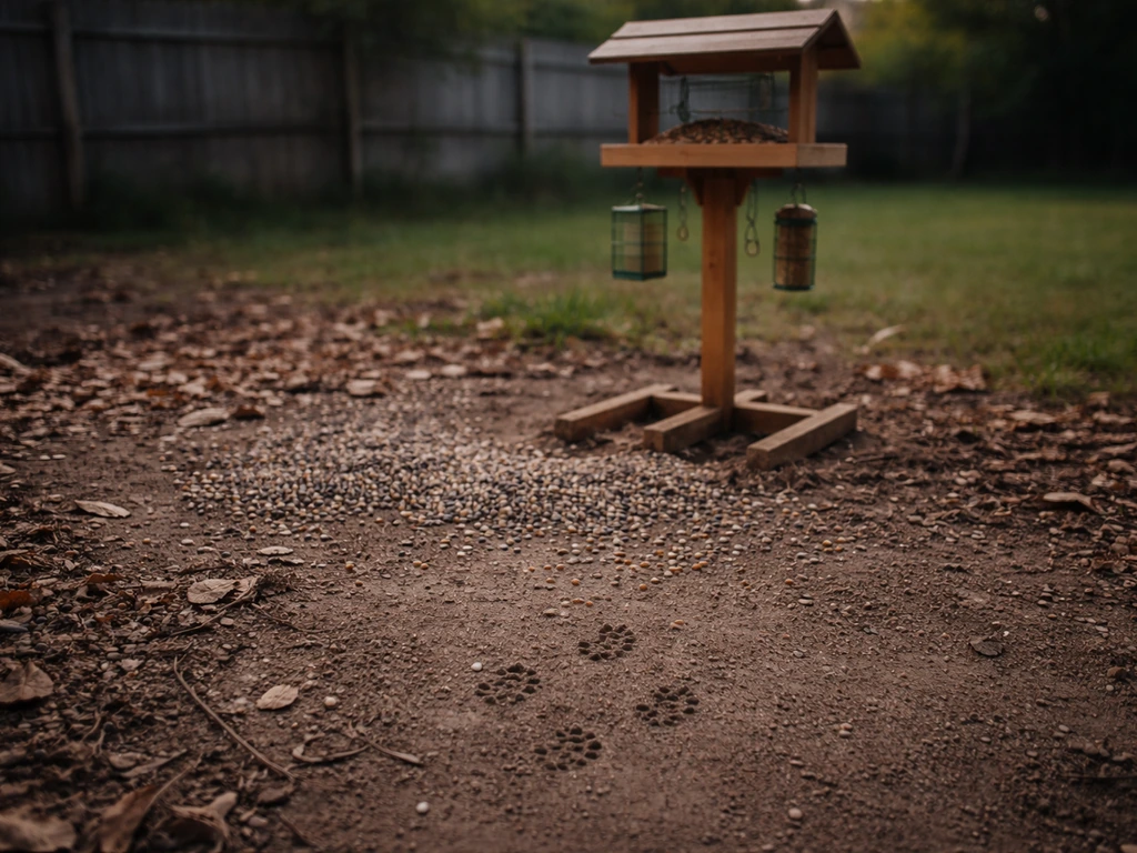 Backyard with bird droppings near a bird feeder and faint paw tracks on soil.
