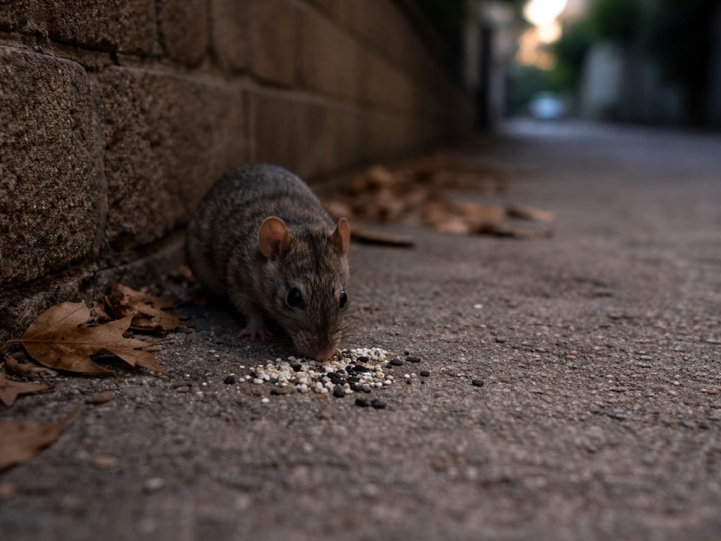 A rat forages beside visible bird droppings on a concrete walkway near a brick wall.