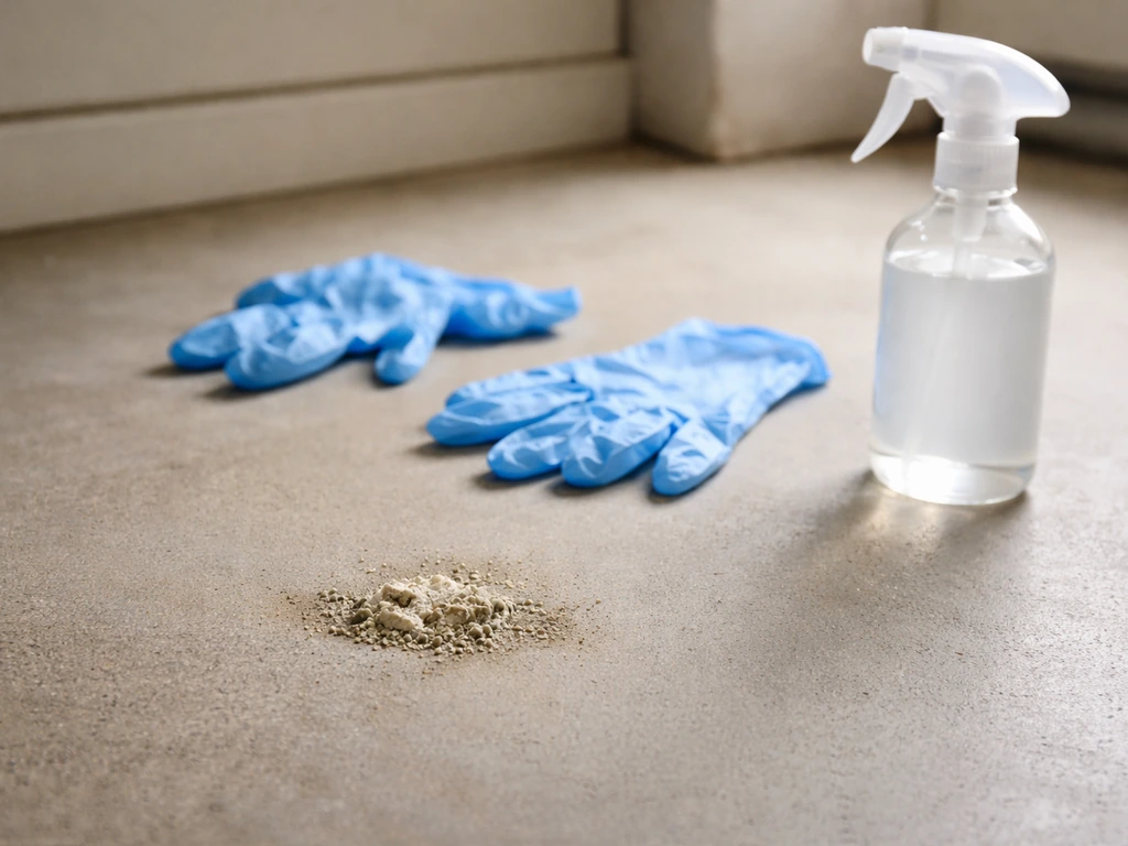 Gloved hands near contaminated bird droppings and cleaning chemicals on a simple floor, showing sanitation risk