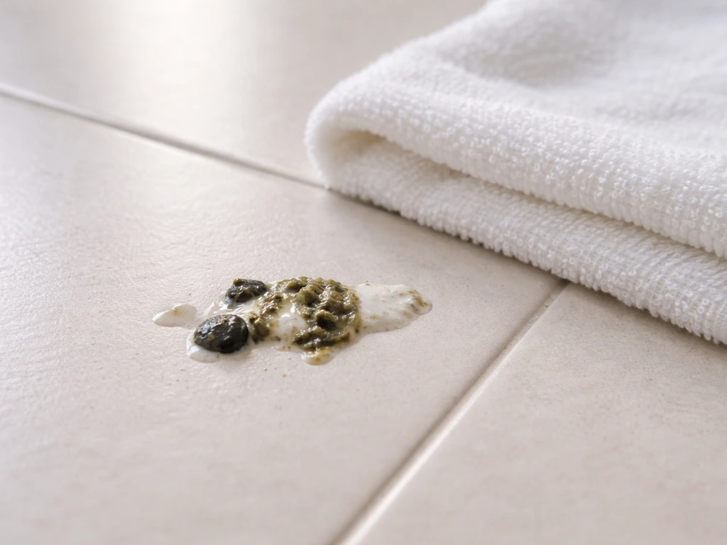 Close-up of bird droppings on light tile next to a white washcloth, suggesting skin-contact risk.