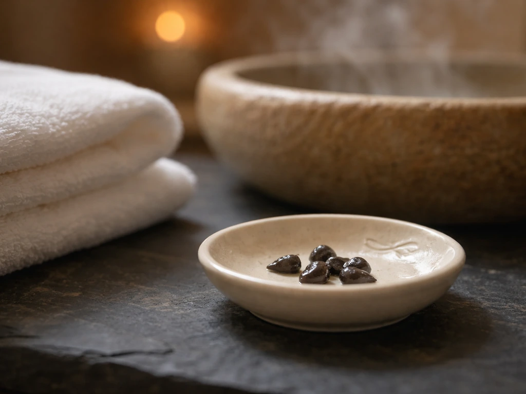 Minimal spa scene with a close-up close beside a small ceramic dish holding a few dark droplet-like pellets