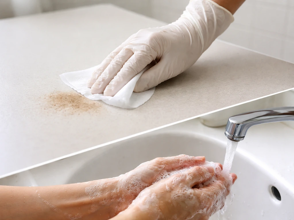 Disposable wipe gently damping and cleaning soiled area, then soap-and-water hand wash, minimal indoor setting.
