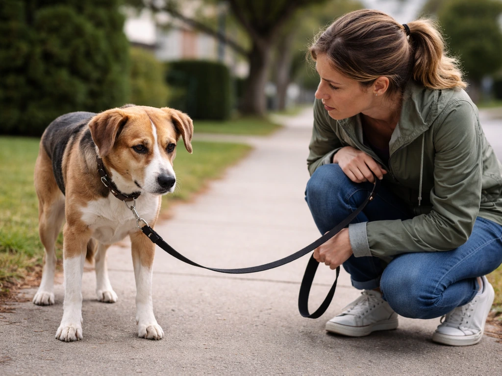 Dog on a leash beside its owner, both looking concerned outdoors, suggesting watchful care after possible GI exposure.