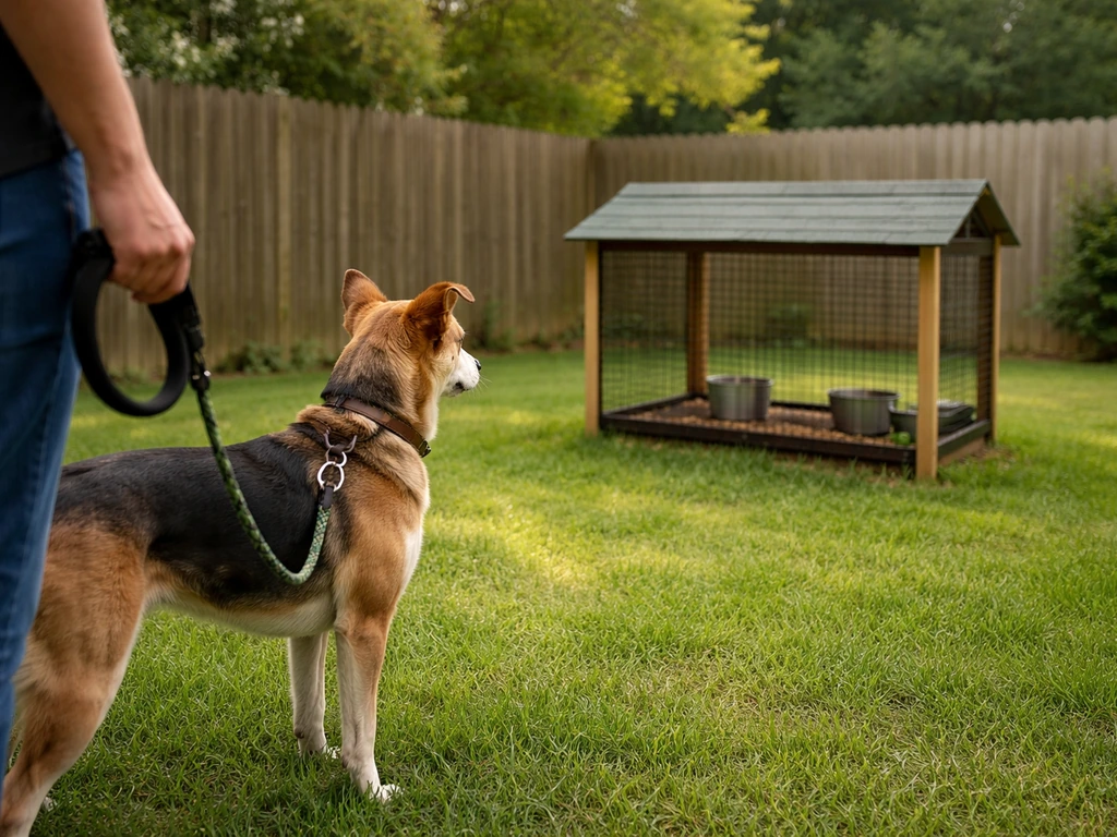 Leashed dog in a fenced backyard near a covered feeder to deter birds and prevent re-exposure.