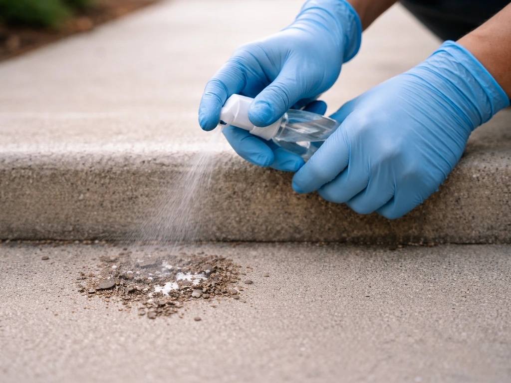 Gloved hands spraying a small area of dried bird droppings on concrete before cleanup.