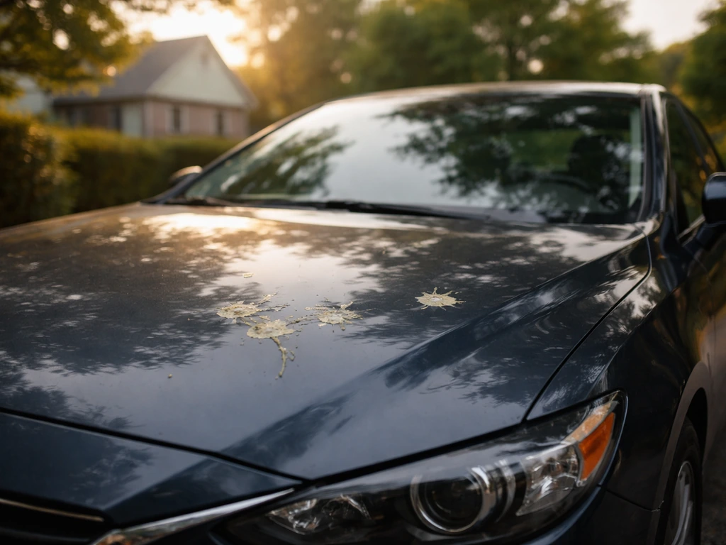 Close-up of a parked car with fresh bird droppings on the hood, outdoors with a moody light contrast.
