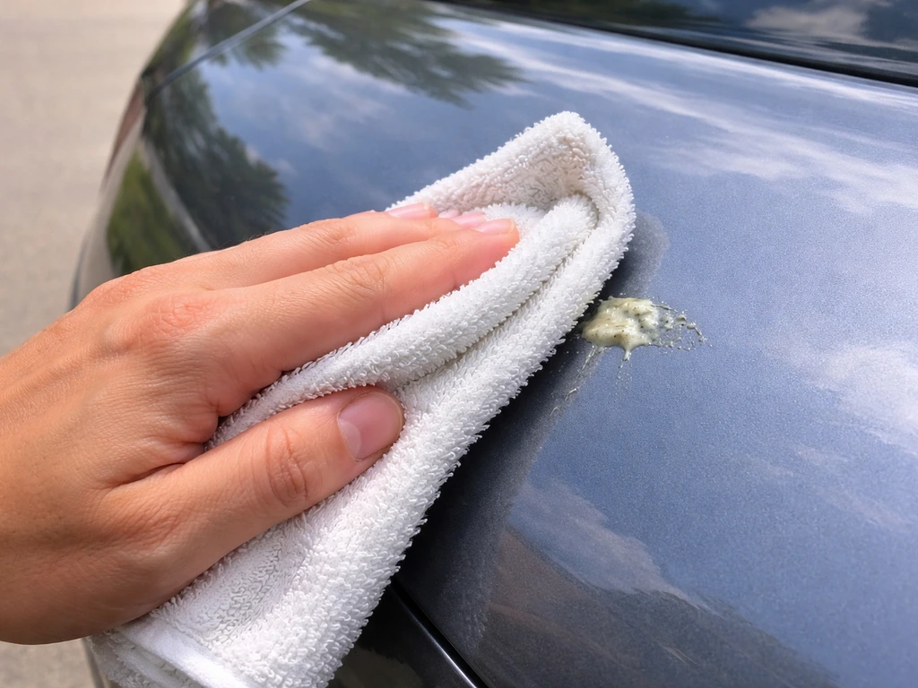 Microfiber cloth gently wiping fresh bird droppings off a car’s glossy paint