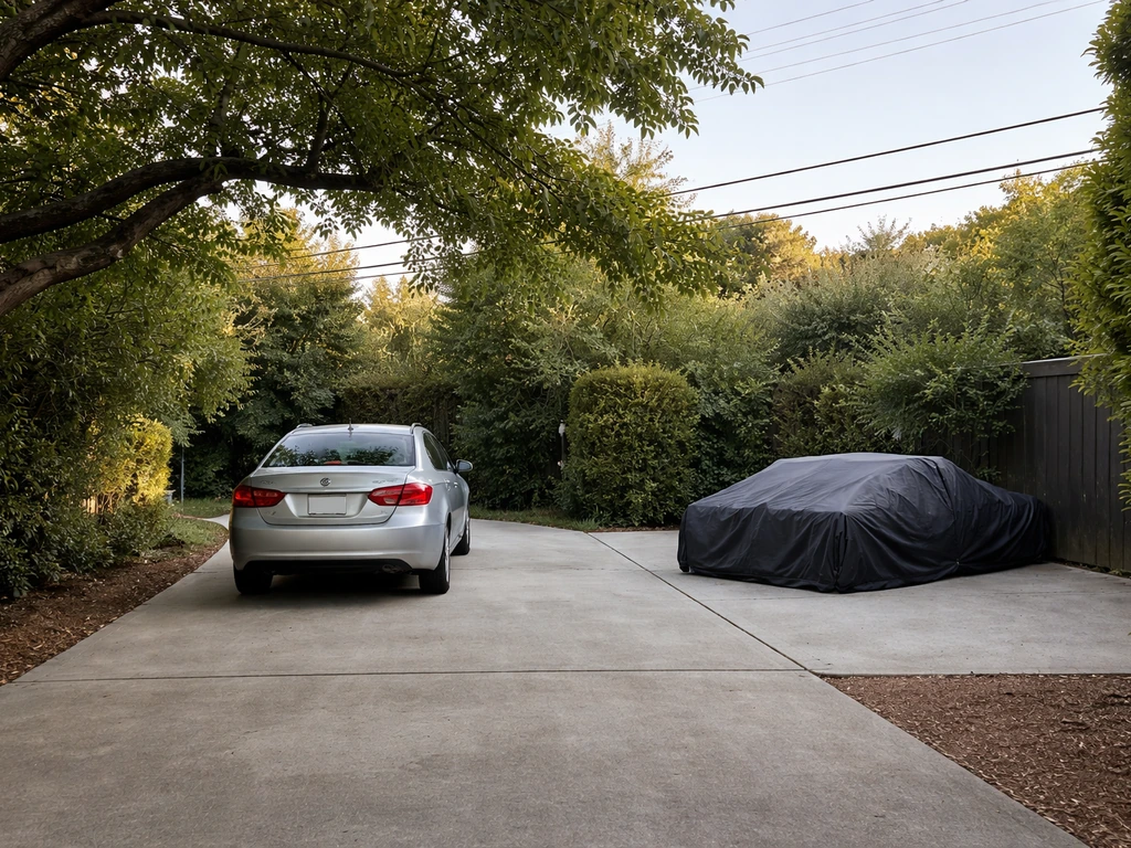 A covered car parked away from an overhead branch and power line, with a neatly placed cover nearby.