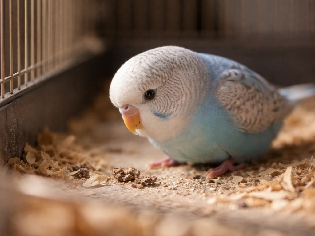 Close-up of a pet bird near the cage floor with a softly blurred background.