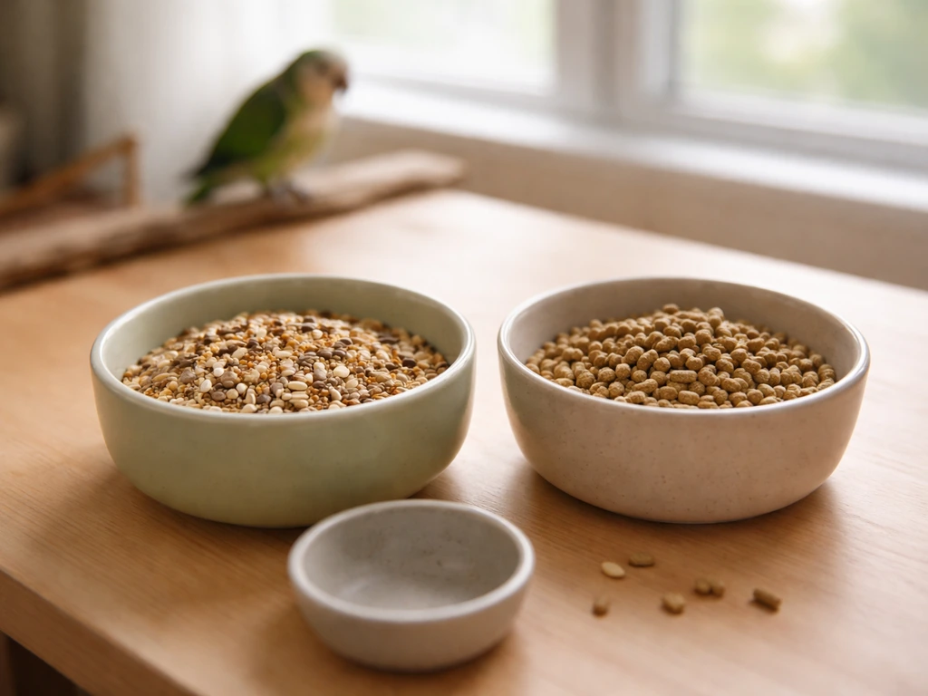 Two bowls showing a seed-heavy diet versus pellet-forward food for a pet bird, photographed in natural light.