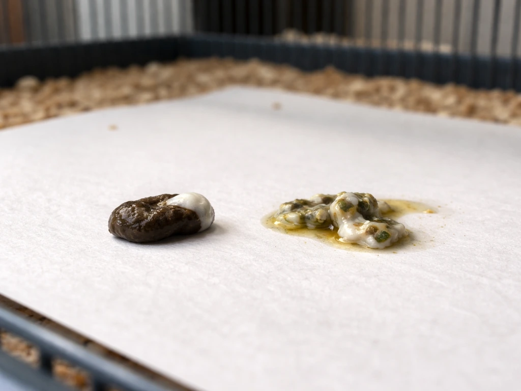 Close-up of bird droppings on paper in a clean cage, showing normal vs abnormal consistency