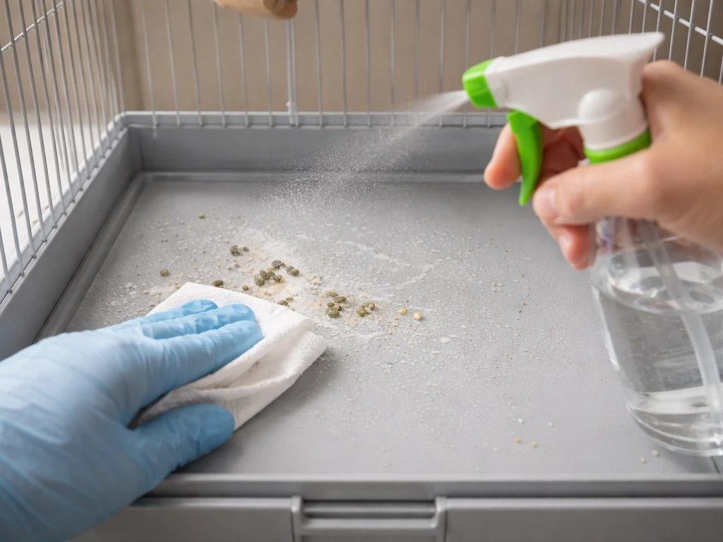 Gloved hand spot-cleans a bird cage tray, wiping away droppings and misting with water.