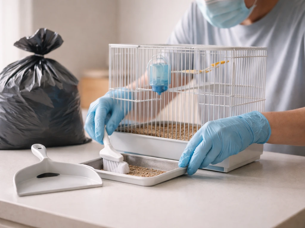 Gloved hands cleaning a birdcage while wearing a face mask beside a sealed waste bag in a tidy room