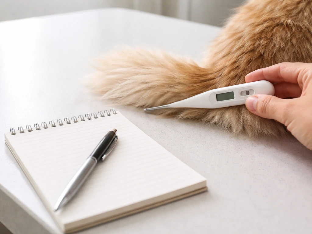 Close-up of a vet thermometer and blank notepad on a clinic table, suggesting monitoring symptoms after ingestion.