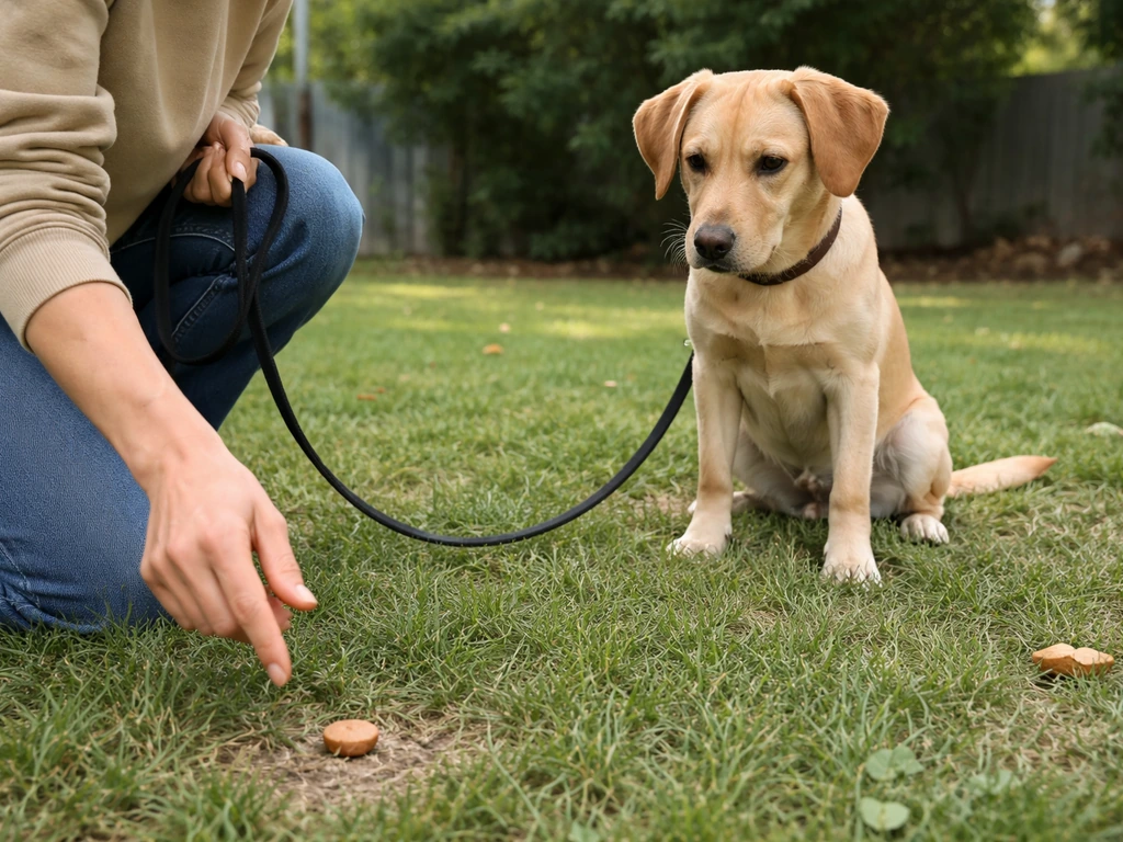 Caregiver using a leash while a dog sits/stays near a treat by a grass patch for 'leave it' training.