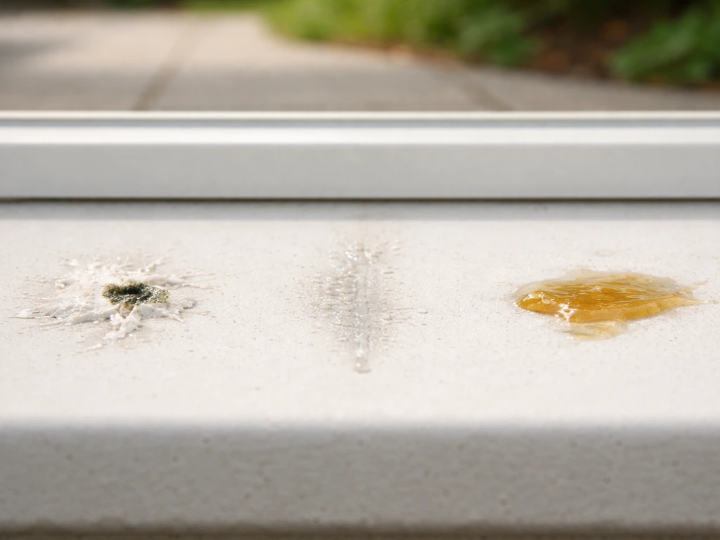 Close-up of three different residue spots on a windowsill: bird droppings, water drip, and sap/insect secretion.