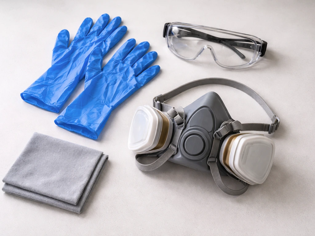 Flat-lay of nitrile gloves, eye protection goggles, and a respirator mask ready for bird-waste cleanup.