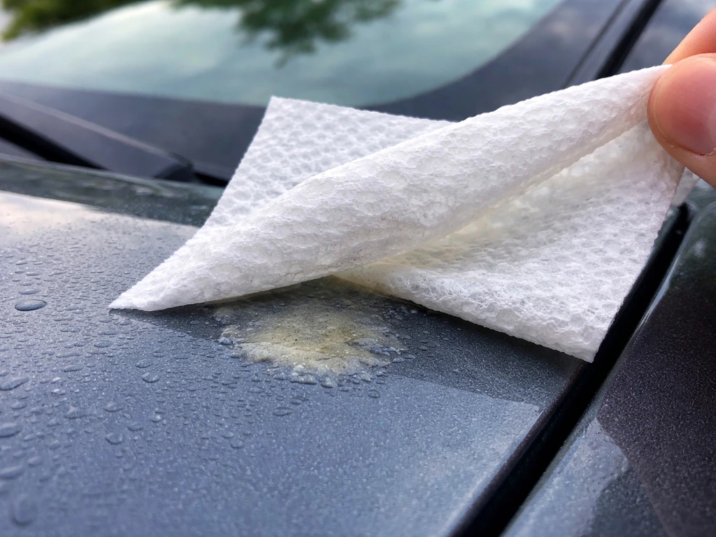 Damp paper towel rehydrating a small clear spot on a car’s paint, with softened residue lifted underneath.