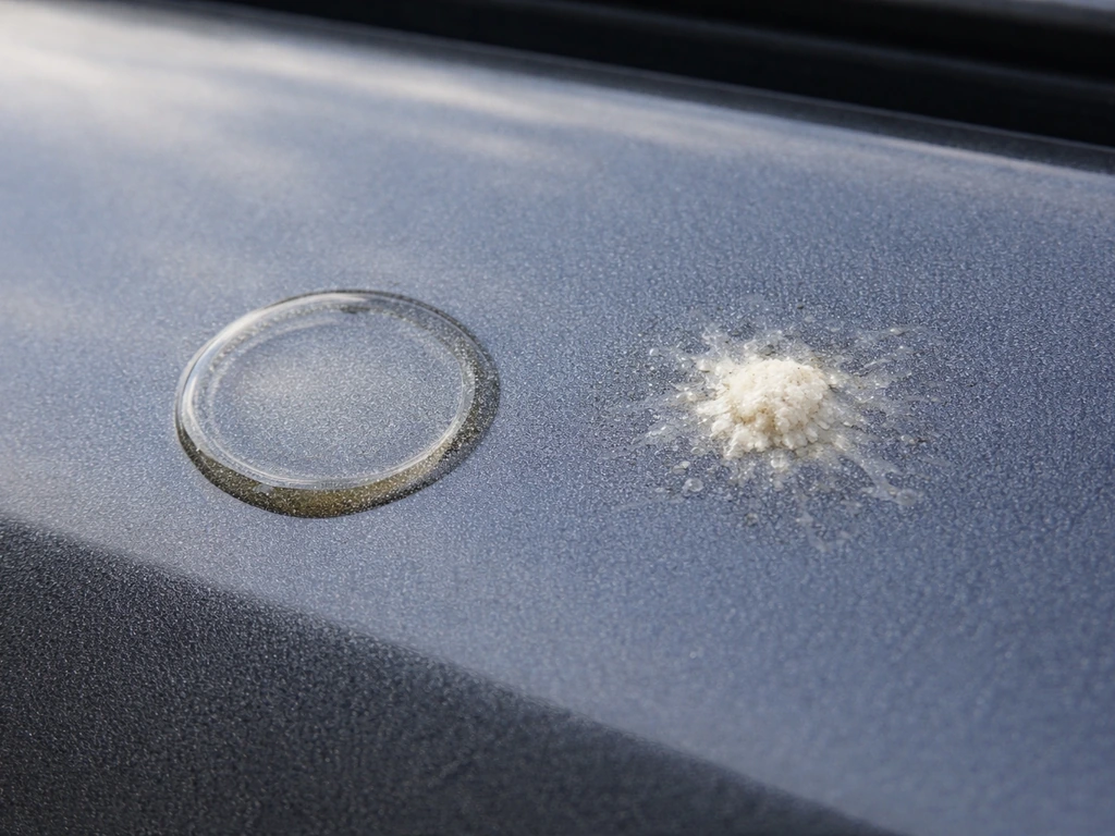 Close-up of clear watery ring and white chalky urate on a car window, showing fresh vs dried bird urine.