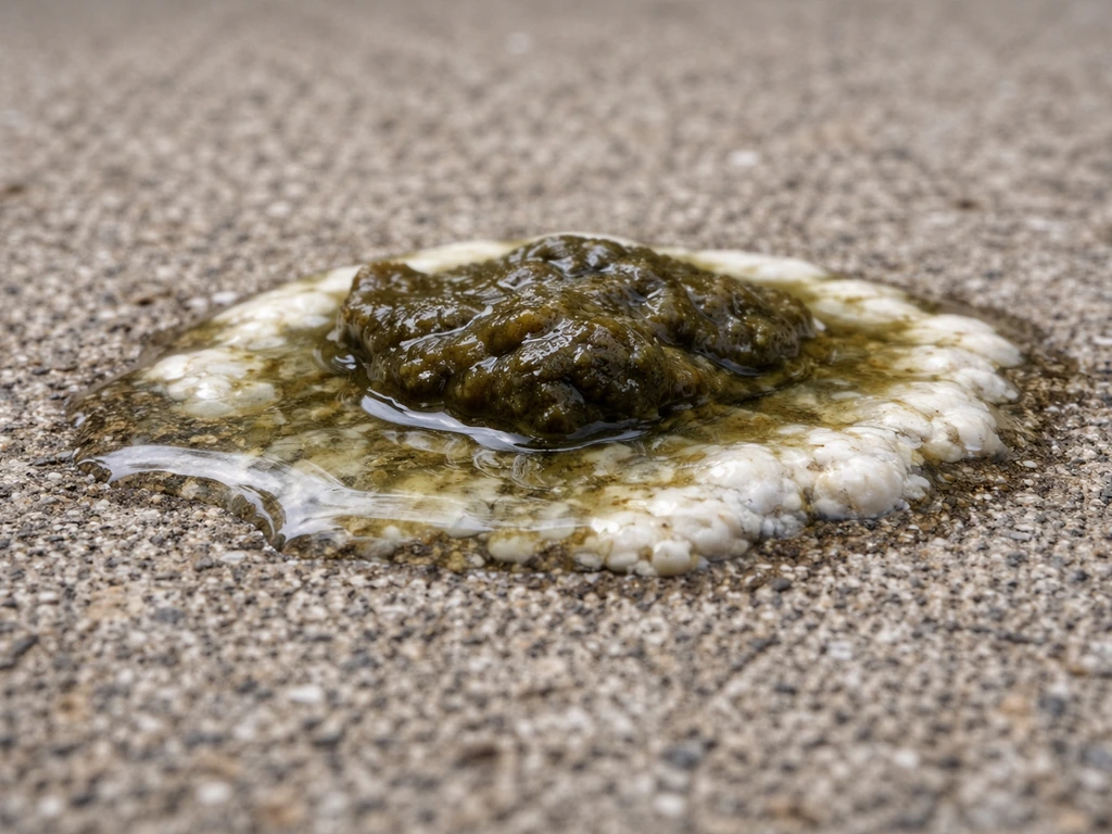 Macro side view of fresh bird droppings showing dark feces center, clear liquid edge, and white urates.