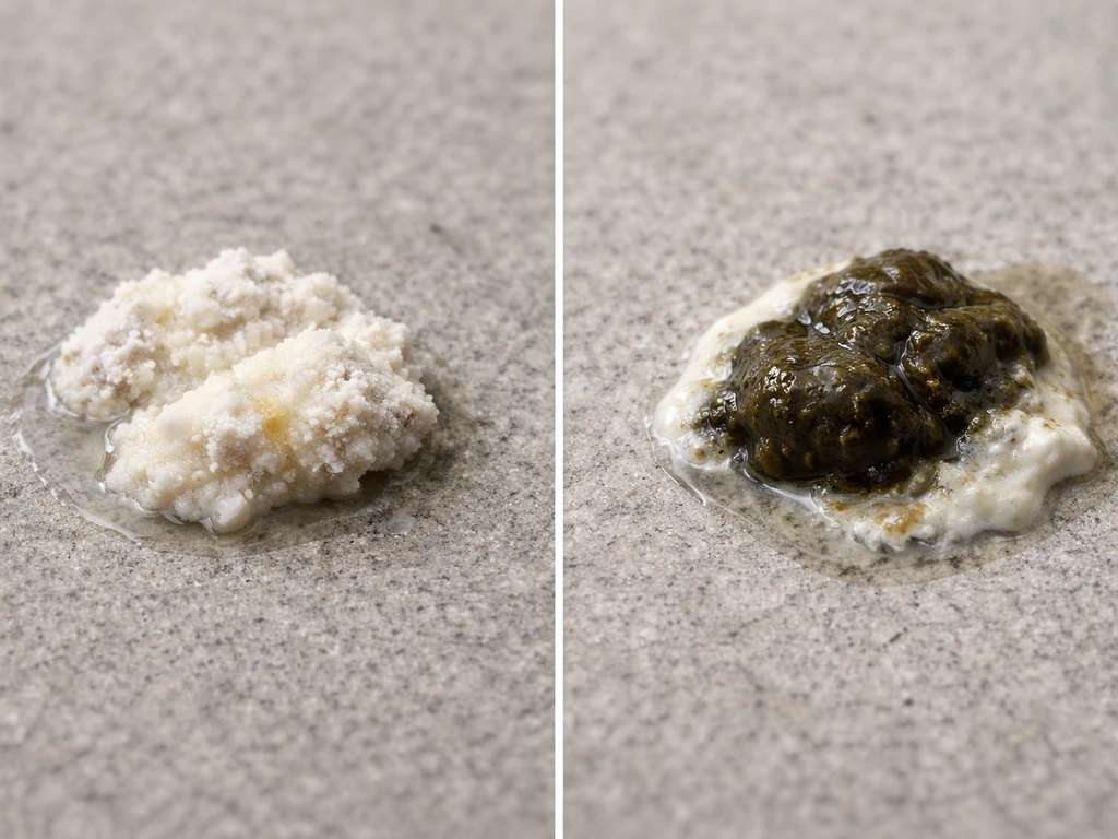Side-by-side closeups of chalky bird urates and darker bird droppings on a neutral surface